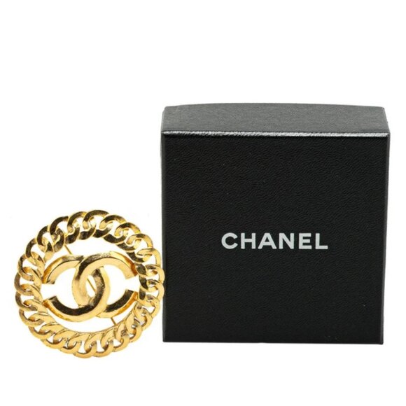 CHANEL CC Logo Chain Link Circle Round Brooch Gold Tone Pin 96P Auth w/Box #4046 - Picture 4 of 4